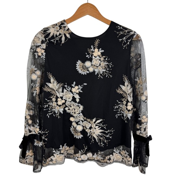WAYF Floral Embroidered Sheer Mesh Blouse Small‎ Velvet Bow Romantic Whimsigoth - Picture 1 of 11